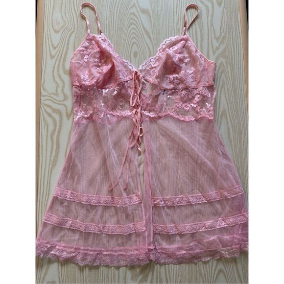 Victoria's Secret Sheer Pink Lace Cherry Blossom Open Top Mini Slip Dress Size M - Picture 5 of 10